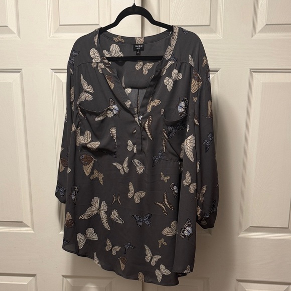 torrid Tops - torrid Charcoal Butterfly Print Tunic with Cream and Brown Accents